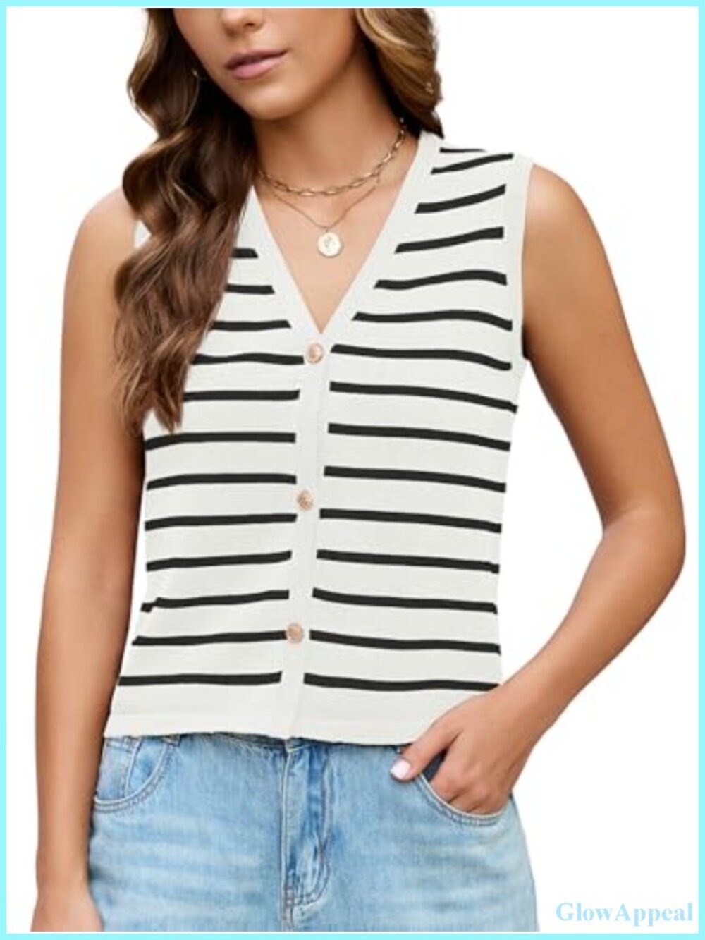 Women's Striped Sleeveless Knit Sweater Vest Button Down Cardigan